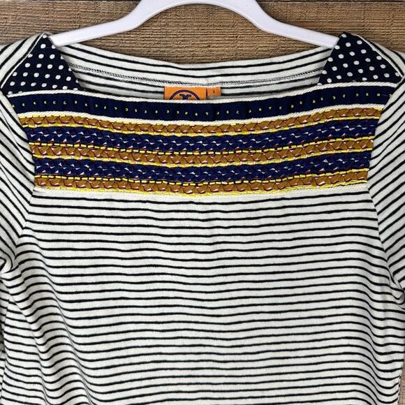 Tory Burch Striped Bateau Neck Short Sleeve Embroidered Beading Top SZ Small - Picture 2 of 9